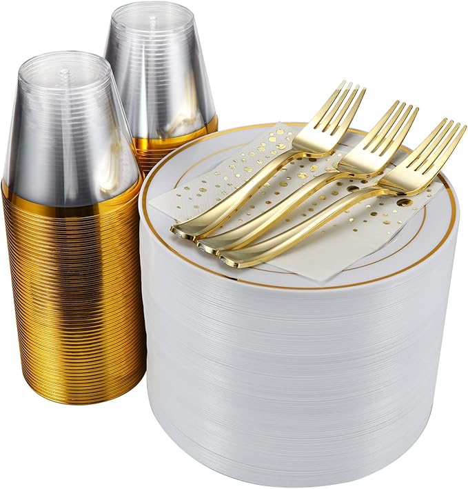 The Essential Concierge Stylish 7.5 Inch Gold Dessert Plates with Disposable Cups, Forks and Cocktail Napkins (100 Set) - White and Gold Plastic Dessert and Cake Plates for Wedding or Receptions