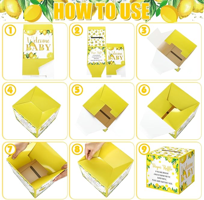 Teling 51 Pieces Diaper Raffle Tickets with Card Baby Shower Decorations Gender Reveal Holder Box for Girl Boy Diaper Raffle Party(A Little Lemon is on the Way)