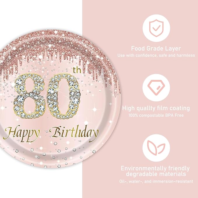 121Pcs 80th Birthday Party Supplies Plates Napkins Cups Forks Tablecloth Rose Gold Happy 80th Birthday Themed Disposable Tableware Decorations Serves 24 Guests for Women 80 Years