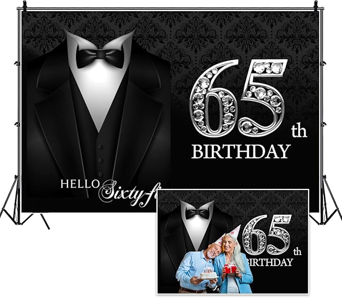 7x5ft Happy 65th Birthday Backdrop Gentleman Black Tuxedo Suit Necktie Hello Sixty Five Photography Background for Men Father Grandpa Birthday Party Decorations Cake Table Banner Vinyl