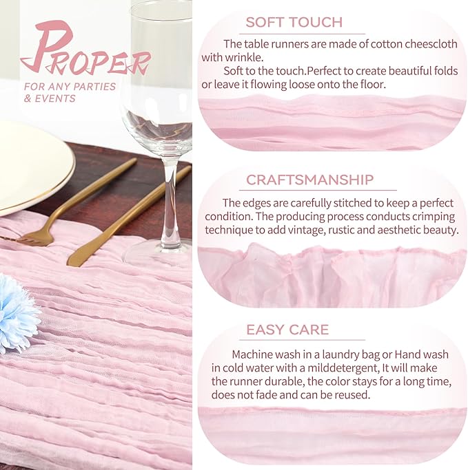 10 Packs Pink Cheesecloth Table Runner - Baby Pink, 35x120 inch Rustic Gauze Boho Wedding Table Runner Decoration for Wedding Party Bridal Shower