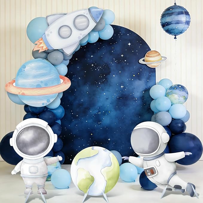 5 Pcs Outer Space Baby Shower Decorations, Astronaut Rocket Planet Earth Cardboard Cutouts Standups, Space Themed Photo Booth Props Signs for Kids Birthday Party Outdoor Yard Lawn Decor