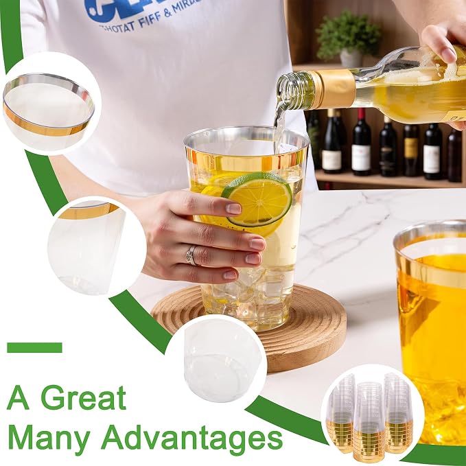 I00000 50 Pack 24 oz Gold Plastic Cups, Elegant Gold Rimmed Plastic Cups, Disposable Cocktail Glasses Wine Glasses, 24 oz Premium Tumblers Perfect for Birthday, Party & Wedding