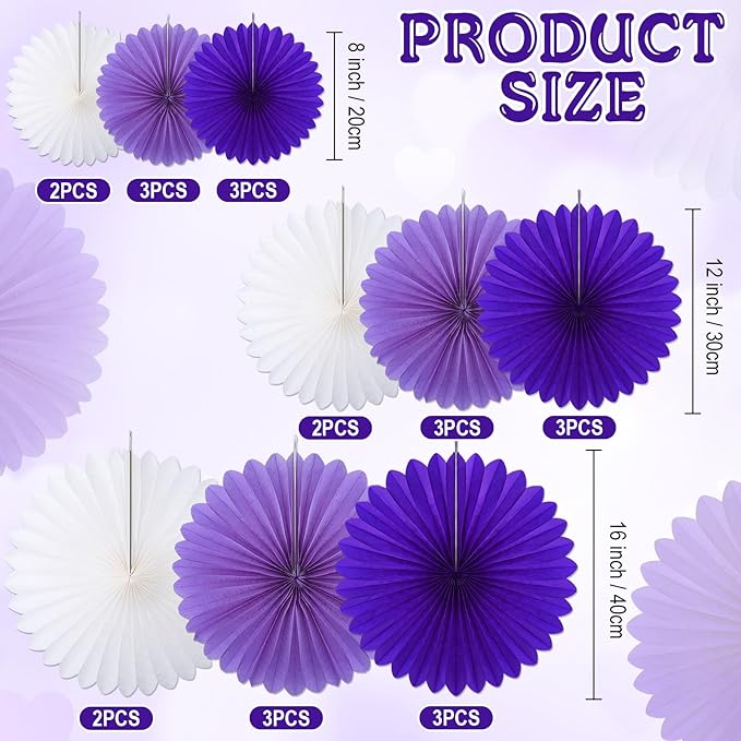 MotiMind 24 Pcs Purple and White Paper Fans Purple Party Decorations Classroom Decor Wall Background Ceiling Hanging Decoration for Birthday Wedding Baby Bridal Shower Engagement Party Decor