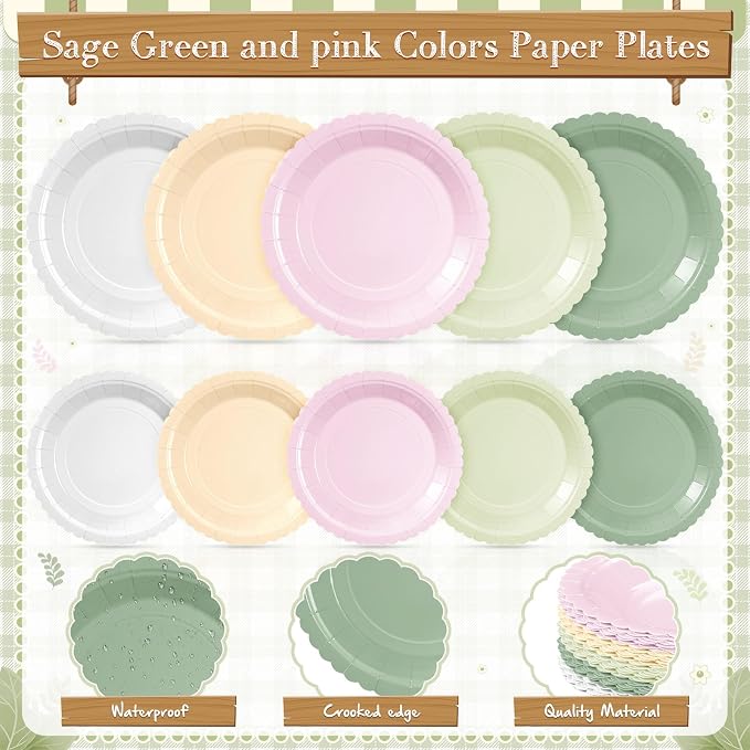 Zhehao 350 Pcs Sage and Pink Party Plates and Napkins Pink and Green Disposable Tableware Kit with Plates, Cups, Napkins, Cutlery for Baby Shower, Birthday, Wedding Party Supplies