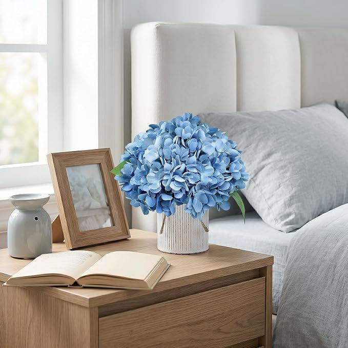 Set of 6 Artificial Flower Table Centerpieces - Dusty Blue Fake Hydrangeas Floral Arrangement with Rustic Metal Vase for Baby Bridal Shower Birthday Party Event Decorations