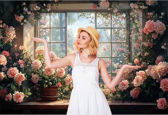 Baocicco 9x6ft Window Floral Backdrop Photography Flowers Wedding Bridal Shower Photography Background Retro Oil Painting Flower Banner for Girls Women Birthday Newborn Party Decorations Props