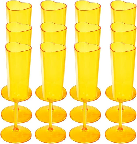 JLYLOL 12 PCS Heart Shaped Champagne Flutes, 5.5OZ Plastic Champagne Glasses, Unique Wedding Toasting Glasses, Elegant Stemmed Drinking Cups Plastic Goblets for Celebrations Anniversary Bride (Amber)