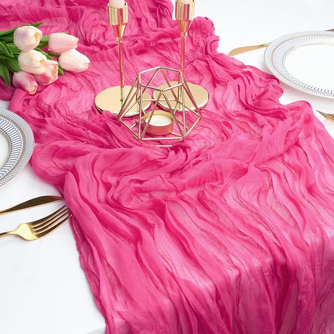 FEXIA 3 Pack Rose Red Table Runner 35x120 Inches for Baby Shower Decoration Gauze Rustic Table Runner for Wedding Party First Communion Centerpiece Engagement Bridal Shower Boho Decoration