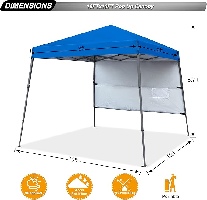 ABCCANOPY Outdoor Pop Up Canopy10x10 Beach Camping Canopy with 1 Sun Wall, Bonus Backpack Bag, Stakes and Ropes, Royal Blue