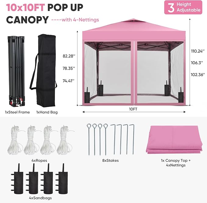 GDY 10x10 Pop-up Canopy Tent with 4-Mosquito Nettings, Outdoor Screen Gazebo with 4 Sandbags, 4 Ropes & 8 Stakes, 3-Level Height Adjustment for Patio, Camping, and Backyard, Pink