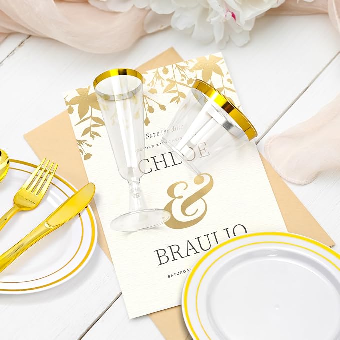 150PCS Gold Plastic Plates Set for 25 Guests, Disposable Dinnerware Set of 25 Small Dessert Plates 7.5", Cups 9" ,Champagne Flutes Cups 5", Spoons, Forks, Knives for Birthday Wedding & Party Supplies