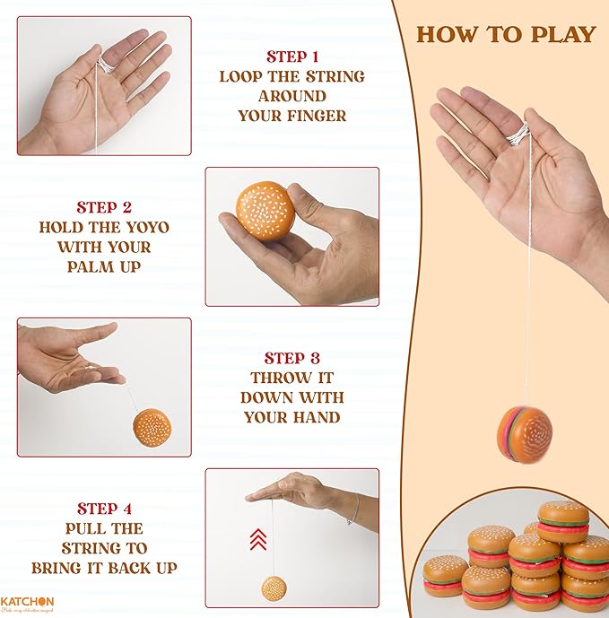 KatchOn, Hamburger Yoyo Toys for Kids - Pack of 24 | Plastic Burger Yo-yos, Yoyo Bulk, Halloween Party Favors for Kids 8-12, Classroom Prizes, Pinata Return Gifts | Thanksgiving Goodie Bags Stuffers