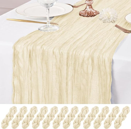 12 Pack Ivory Table Runner 10Ft Cheesecloth Table Runner Rustic Gauze Table Runners Romantic Long Cream Sheer Fabric Cheese Cloth Table Runners for Wedding Party Bridal Baby Shower