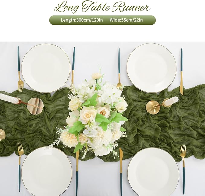 20 Pack Olive Green Cheesecloth Table Runner 120 Inch 10FT Rustic Boho Gauze Cheese Cloth Table Runner for Wedding Party Baby Shower Thanksgiving Christmas Decoration
