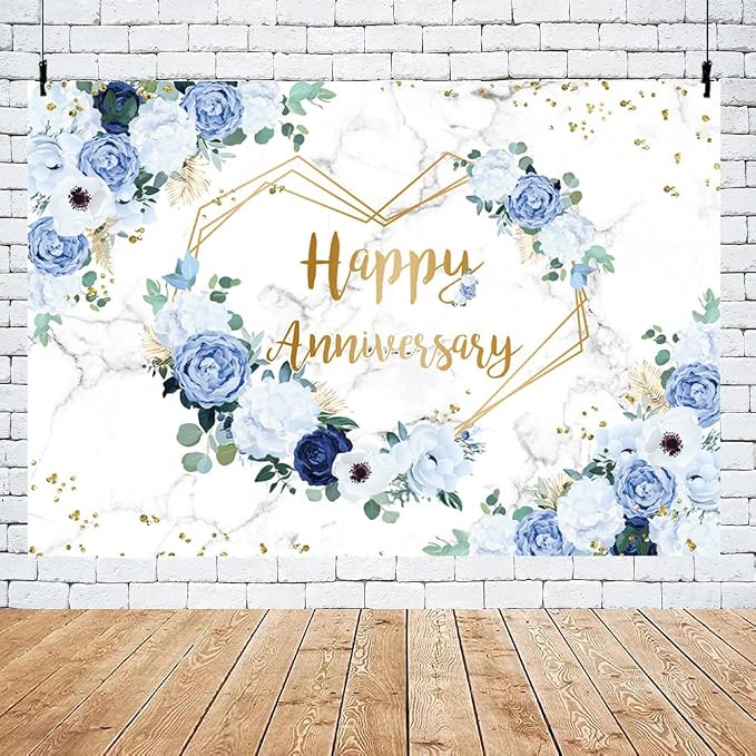 MEHOFOND 10x7ft Happy Anniversary Backdrop Blue and White Floral Wedding Anniversary Photography Background Hearts Geometric Couple Wedding Women Birthday Party Cake Smash Decor Studio Photo Props