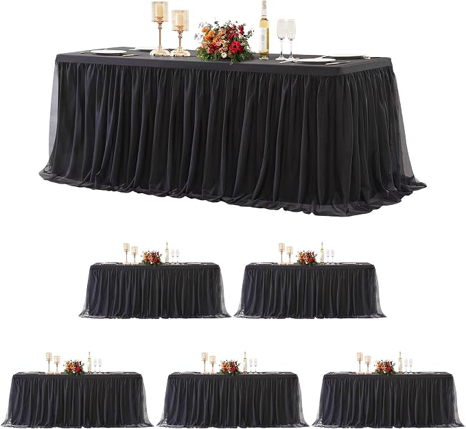 Suppromo 6 Pack Black Tulle Tablecloths for 6 Foot Rectangular Tables, 6ft Black Rectangle Table Cloths, Wrinkle Free Table Cover with Tutu Skirt for Wedding Birthday Party Banquet Buffet Decorations