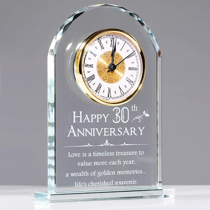 YWHL 30th Wedding Anniversary Clock Gifts for Husband Wife, 30 Years Wedding Anniversary Glass Clock Gift for Couples, Glass Keepsake for 30 Years of Marriage Home Decoration (Battery not Included)