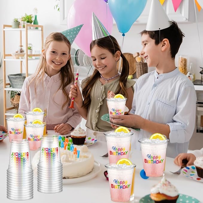 FoldTier 50 Pcs Happy Birthday Cups 12 oz Birthday Plastic Glasses Clear Disposable Cups Theme Drinking Glasses for Home Kitchen Theme Party Favors Supplies Decoration
