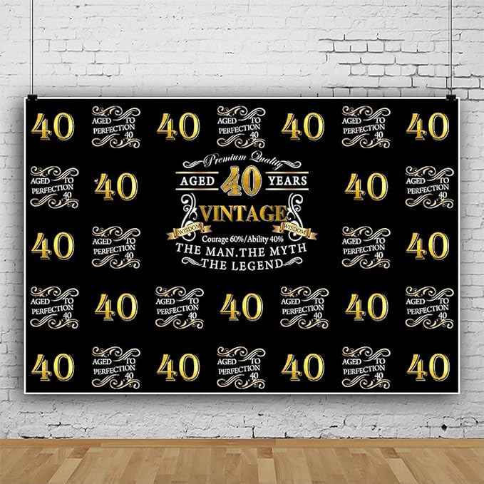 OERJU 5x3ft Happy 40th Birthday Backdrop for The Man The Myth The Legend Birthday Party Background Banner Black Gold Photography Photo Aged 40 Years Forty Birthday Back Drops Vinyl Studio Props