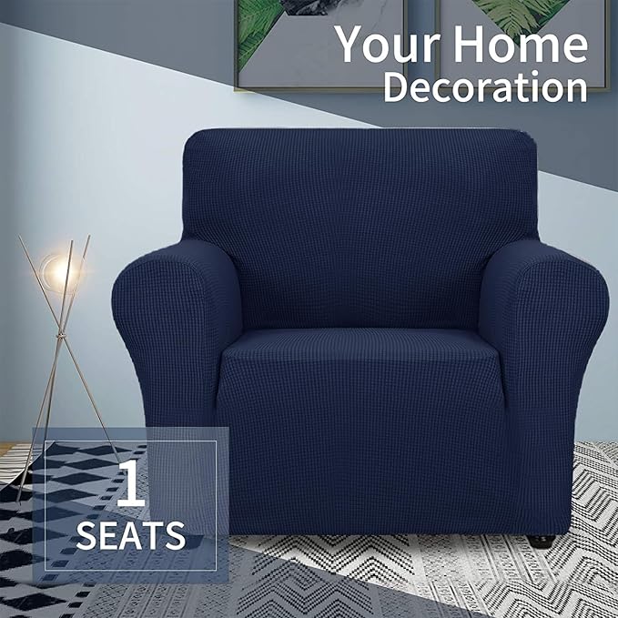 JIVINER Super Stretch Chair Slipcovers with Arms 1-Piece Jacquard Small Checks Living Room Armchair Covers Soft Anti Slip Sofa Couch Furniture Protector for Kids Pets (Navy Blue, Chair)