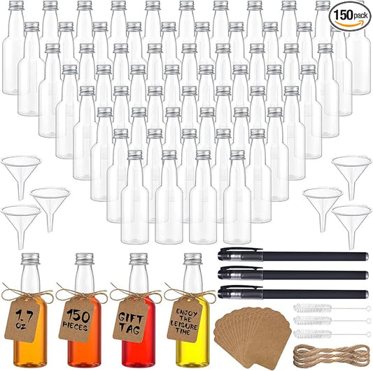 Mifoci 150 Pack 1.7 oz Mini Liquor Bottles with Cap, Plastic Alcohol Bottles with 6 Funnels and 150 Kraft Tags, Airtight Plastic Spirit Flask for Party Favors, Weddings, Cocktail