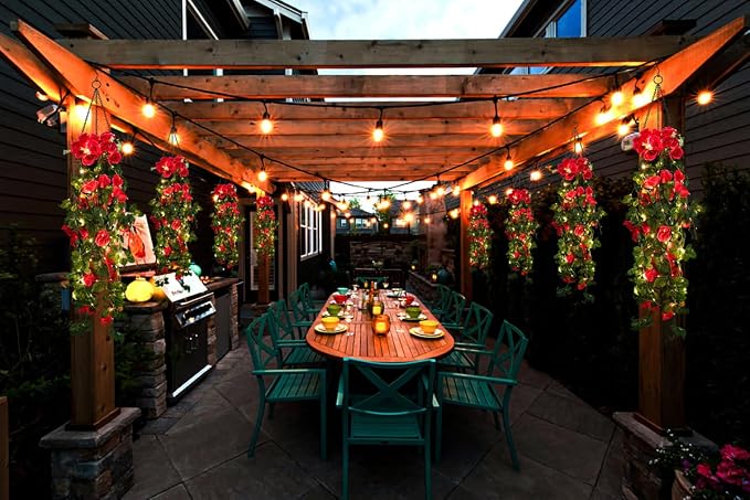 RECUTMS Artificial Rose Red Hanging Flower Plants, 4PCS 37 Inches Fake Floral Ivy Garland with 30 LED Fairy String Lights for Home Room Garden Wedding Labor Day Birthday Party Indoor Outdoor Decor