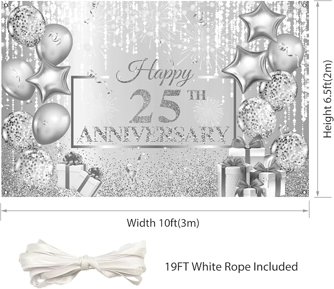 AOFOTO Happy 25th Anniversary Backdrop Glitter Grey Spots Ballons Printed Photography Background 25 Years Wedding Anniversary Party Home Wall Decor Supplies Banner Portrait Photo Studio Props 10x6.5ft
