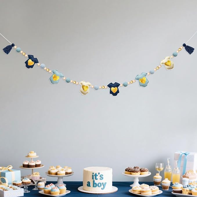 Dusty Blue Gold Baby Clothes Decoration Pre-Strung Handmade Felt Baby Clothes Wooden Bead Wool Felt Ball Garland Banner for Sweet Boy It's a Boy Baby Shower Party Nursery Fireplace Home Wall Decor