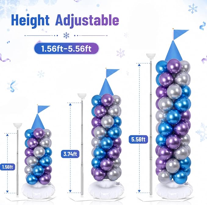 2 Sets Blue Princess Castle Balloon Column Stand Kit with 100 Balloons 2 Tricorne Hat 2 Pennant Snow Party Adjustable Balloon Tower Stand with Bases for Floor Girl Princess Birthday Party Supplies