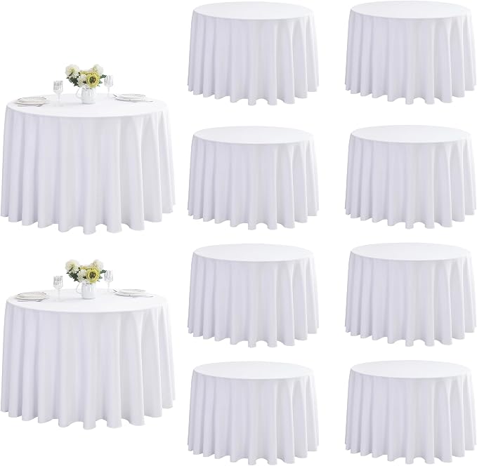 10-Pack Round 90-inch White Table Cloths, Solid Stain and Wrinkle Resistant Circular Tablecloth, Premium Plain Weave Polyester Fabric Table Linen Covers for Hotel, Banquet