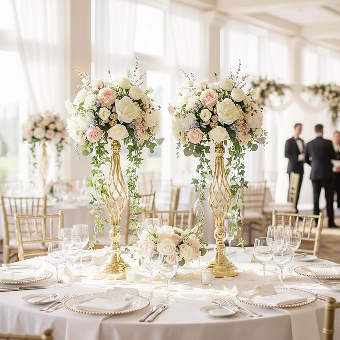 Gold Wedding Vases for Table Centerpieces - 2pcs of Twist Candleholder Stands, Elegant Floral Arrangement Vases, Metal Centerpieces for Reception Table Wedding Road-Leading Home Decor