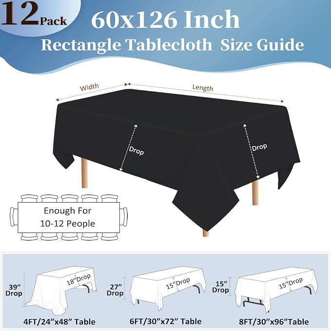 12 Pack Black Tablecloths 60x126 Inch Table Cloths for 8 Foot Rectangle Tables, Wrinkle Resistant Washable Rectangular Fabric Table Cover for Dining Wedding Banquet Camping Party