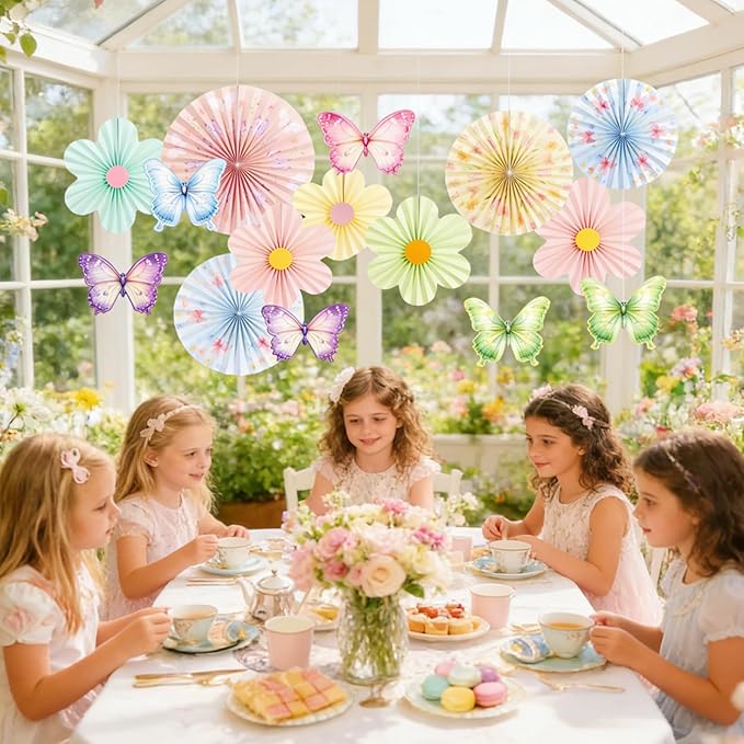Spring Flower Decorations Pastel Paper Flower Butterfly Decoration Spring Garden Hanging Flower Paper Fans Butterfly Party Decorations for Wall Office Classroom Women Birthday Baby Shower Easter