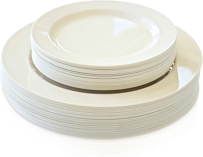 OCCASIONS 240 Piece Disposable Plastic Plates Heavy Duty for 120 Guests, Fancy Dinnerware Set for Wedding Party, China-Like Look, 10.5" Dinner & 7.5" Salad/Dessert, BPA Free, Plain Ivory Collection