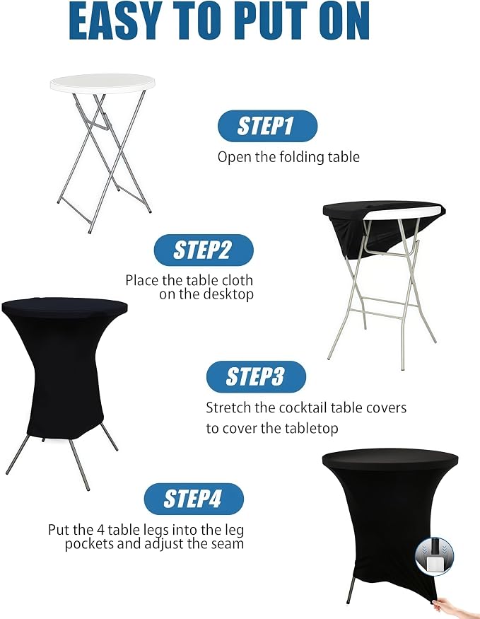 Cocktail Table Covers - 10 Pack 32x43 Inch Table Cloth - Black Fitted Stretch Spandex Round High Top Tablecloth for Party, Bar, Birthday, Pub, Banquet