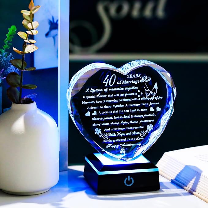 40th Wedding Anniversary Crystal Gifts for Couples Parents, Romantic Heart 40th Anniversary Keepsake Gifts for Her Him, 40 Years of Anniversary Marriage Gifts for Wife Husband