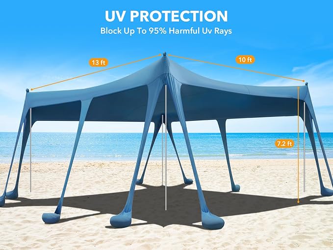 Beach Tent Sun Shelter 10 x 13FT, Camping Sun Shelter with 10 Sandbags, 22mm 7.2FT Thickened Aluminum Poles, Beach Canopy Tent Sun Shade UPF50+ Protection for Camping, Fishing, Backyard