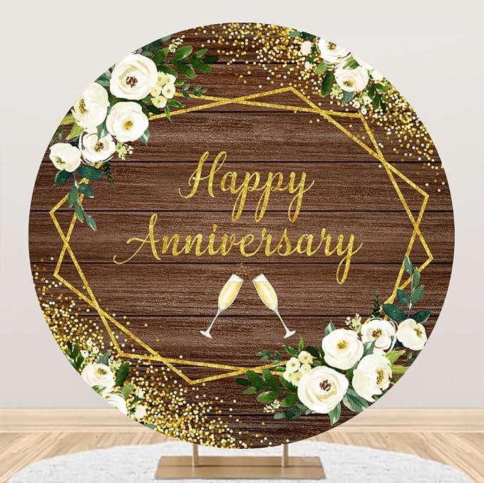 Leyiyi 3x3ft Happy Anniversary Round Backdrop Cover White Floral Love Cheers to Wedding Anniversary Party Decorations Vintage Wood Board Gold Glitter Bokeh Dots Wedding Anniversary Party Backdrop