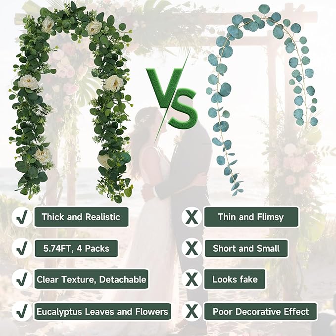 4 Packs 24FT Artificial Eucalyptus Flower Garland with White Camellias, Faux Greenery Garland Wedding Decor Fake Flower Rose Hanging Vine for Home Yard Table Party Decor
