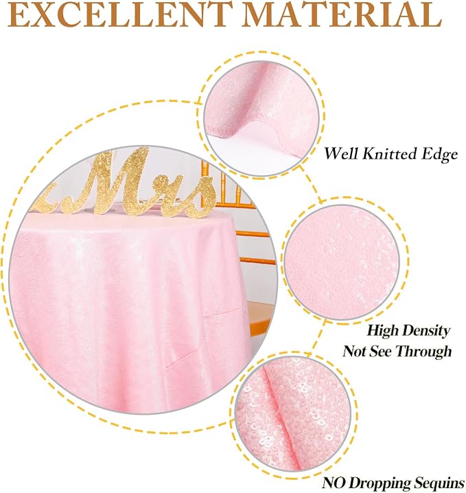 ShiDianYi Sequin Tablecloth Round 72-Inch Pink Table Cloths Glitter Sequence Tablecloth Overlay Baby Pink Round Table Cover for Wedding/Birthday Cake Decor