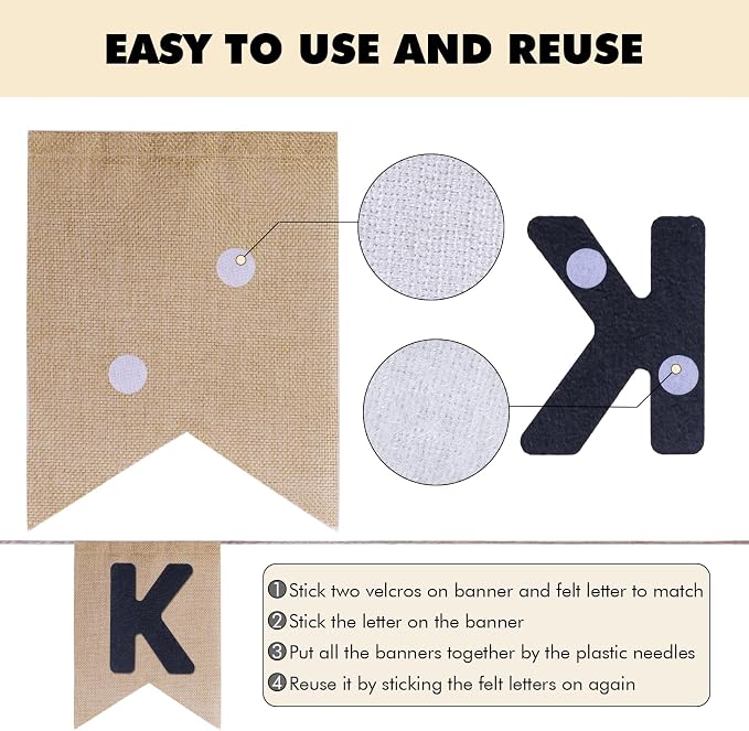 Custom Banner Kit, 28 Burlap Banner with 92 Felt Letters, Make Your Own Diy Customizable Kit for Birthday Wedding Party Decorations