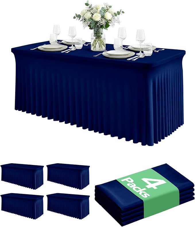 4 Pack Spandex Table Cover Skirts for 8ft Rectangle Tables, Navy Blue Stretch Table Cloths with Floor-Length Ruffle, Elastic Fitted Skirted Tablecloth for Elegant Wedding Banquet Party Buffet Deco