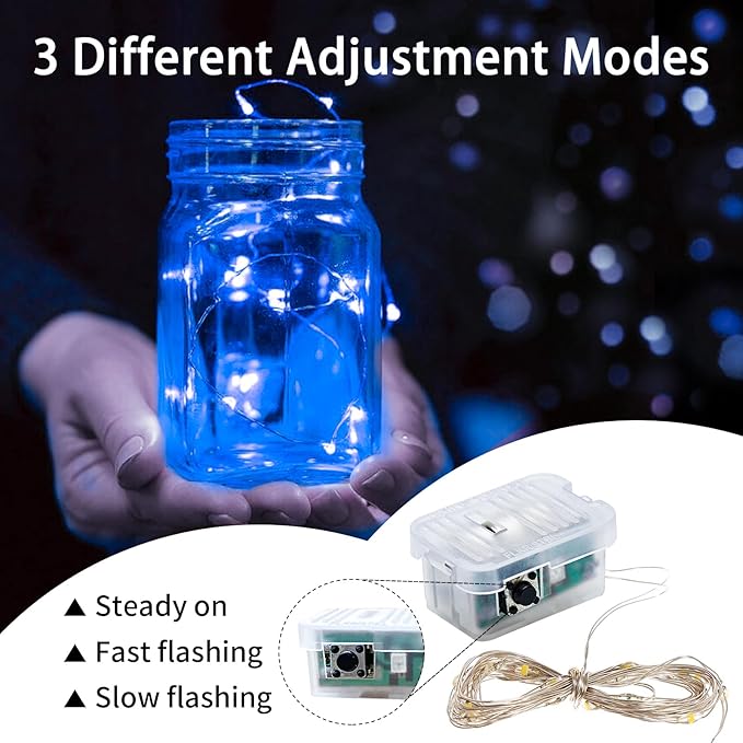 24 Pack Blue Fairy Lights 7Ft 20 LED Twinkle String Lights 3 Modes Battery Operated Waterproof Firefly Starry for Mason Jar Wedding Party 4th of July Christmas Day Table Centerpieces