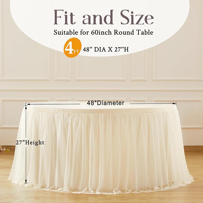 HB HBB MAGIC Champagne Round Tablecloth 48 inch Stretchy Elastic Fitted Round Table Cloth Cover 120 inch, Tulle Table Cloth with Skirt Wedding Birthday Party Cake Banquet Tables Decorations