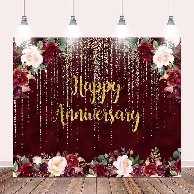 Happy Anniversary Decorations Backdrop Happy Anniversary Banner 10x8ft Gold Burgundy Wedding Commemorative Day Photography Background Couple Party Supplies Cake Table Decor