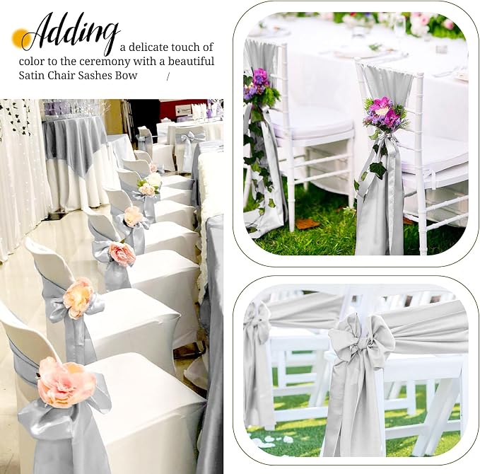 Pesonlook 60 PCS Silver Satin Chair Sashes Bows Satin Chair Sashes Universal Chair Cover for Wedding Reception Restaurant Event Decoration Banquet,Party,Hotel Event Decorations (7 x 108 inch)