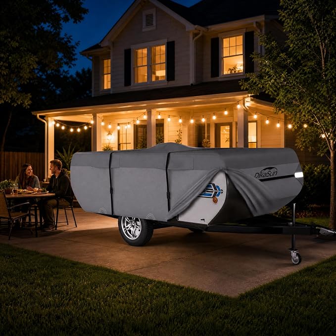 Pop Up Camper Cover 14'-16', 7 Layers Waterproof Pop-up Tent Trailer Cover Anti-UV Folding Camper RV Cover for Motor Home