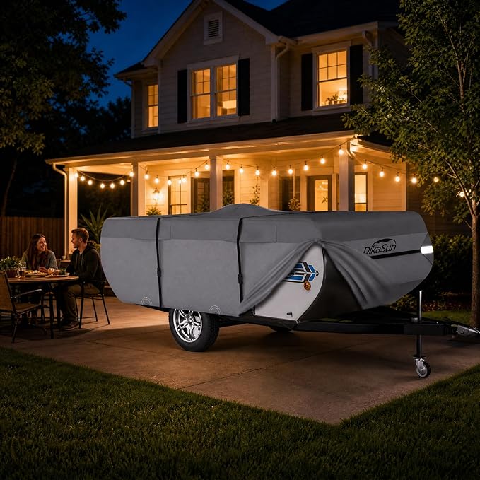 Pop Up Camper Cover 12'-14', 7 Layers Waterproof Pop-up Tent Trailer Cover Anti-UV Folding Camper RV Cover for Motor Home