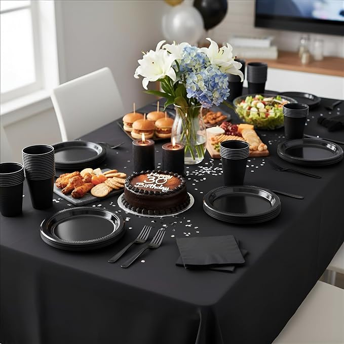 Black Plastic Plates for Party,50 Guest Disposable Plastic Plate Set 9" Plates,7" Dessert Plates,Napkins,Cups,Forks & Tablecloth for Birthday,Halloween,Christmas Parties,Graduations